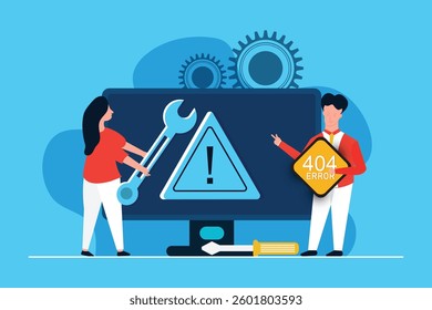 Pair of servicemen or repairmen holding and carrying repair tools against computer monitor concept