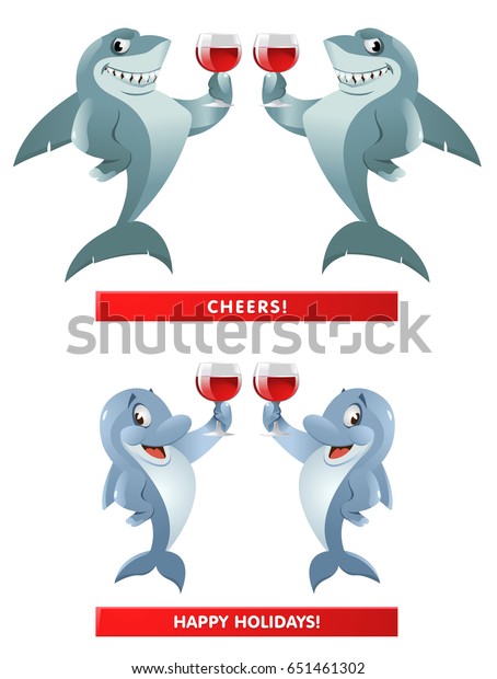A pair of\
sharks and a pair of dolphins giving a toast. Cheers! Happy\
Holidays! Cartoon styled vector illustration. Elements is grouped\
and divided into layers. Isolated on\
white.