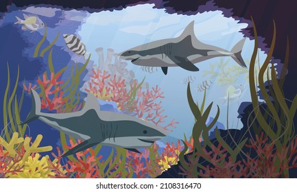 A pair of sharks in the sea near a coral reef and an underwater cave with algae and fish. Realistic underwater vector landscape