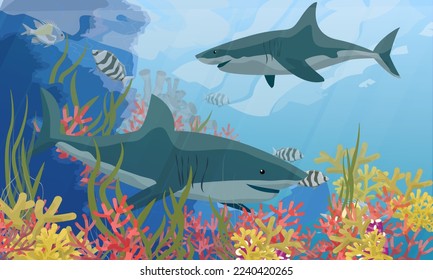 Un par de tiburones en el mar cerca de una barrera de coral con algas y peces. Paisaje vectorial realista