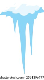 Pair of sharp icicles melting and dripping water from a layer of snow and ice hanging from a roof or eave during a winter thaw, isolated vector illustration