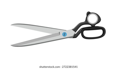 Par de tijeras de sastre de metal afilado con asas de plástico negro y un tornillo azul aislado sobre un fondo blanco.