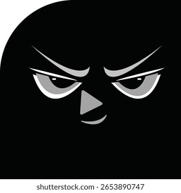 Um par de olhos vilosos e afiados de desenhos animados brilha na escuridão com um sorriso malicioso. O design em tons de cinza adiciona uma vibração misteriosa e travessa.