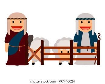 Pair of shepherds with sheeps, Vector illustration