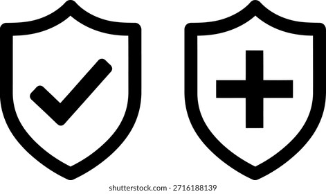 A pair of shield icons with a checkmark and a cross symbol, presented in a clean and minimalist design on a white background, ideal for use in digital applications.