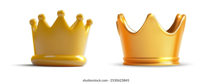 Pair of shiny golden crowns, each with a distinct shape, isolated on a white background. Perfect for representing royalty, leadership, or luxury themes in digital or print designs. Vector illustration