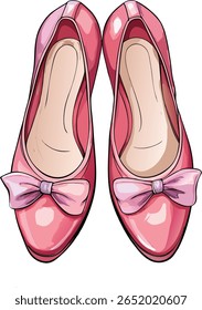 Par de flats de balé rosa brilhante com arcos sobre fundo branco