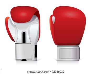 Pair of shiny, red and white boxing gloves.