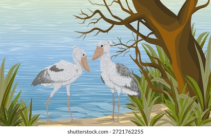 Ein Paar Schuhpillen steht auf einem sandigen Flussufer. Die Wildtiere Afrikas. Realistische Vektorlandschaft.