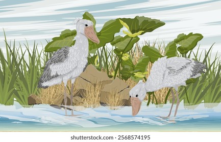 A pair of shoebills stands in the water of a lake with water lilies and tropical plants. Wildlife of Africa. Realistic vector landscape