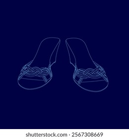 Pair of shoes with a braided strap. The shoes are blue. The shoes are shown in a blue image