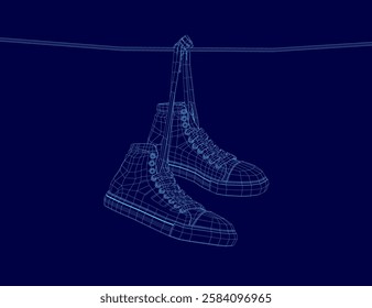 A pair of shoes are hanging in the air, with the left shoe being slightly higher than the right. The shoes are blue and appear to be made of a synthetic material. The image has a futuristic