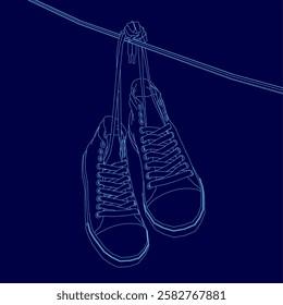 A pair of shoes hanging on a clothesline. The shoes are blue. The image has a moody, somewhat melancholic feel to it