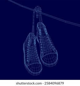 A pair of shoes hanging on a clothesline. The shoes are blue. The image has a cool, modern feel to it