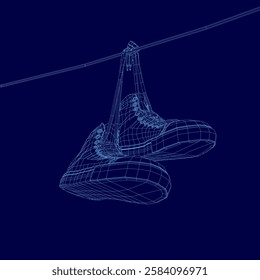 A pair of shoes hanging on a clothesline. The shoes are blue. The image has a moody, almost surreal feel to it