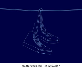 A pair of shoes are hanging on a line. The shoes are blue outline