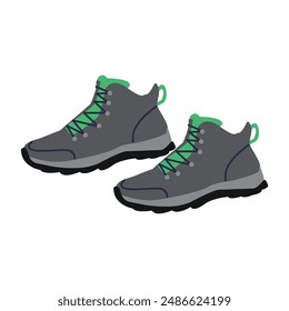 A pair of shoes for hiking, camping, walking. Tourist trekking boots for outdoor activity. Footwear icon vector illustration isolated on white background.