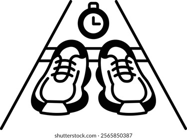 A pair of shoes are on a track with a clock in the background. The shoes are positioned in a way that they are facing the clock