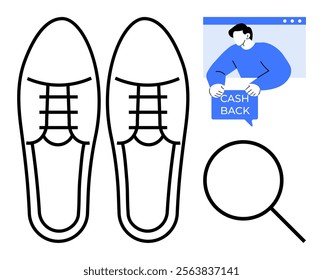 Pair of shoes, person holding a Cash Back sign on a web page, and magnifying glass. Ideal for e-commerce, fashion, online shopping, discounts, user interface design. Simplistic, clean, modern