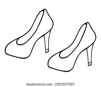 A pair of shoes. Shoe with a round toe. Side view. Sketch. Women's shoes with high heels. Vector illustration. Doodle style. Outline on isolated background. Coloring book for children. 