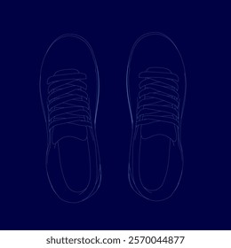 Pair of shoes are shown in a blue background. The shoes are shown in a digital format, with the shoelaces visible. Concept of modernity and technology