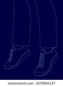 Pair of shoes are shown in a blue background. The shoes are blue and appear to be a cartoon drawing. The shoes are positioned in a way that they are almost floating in the air