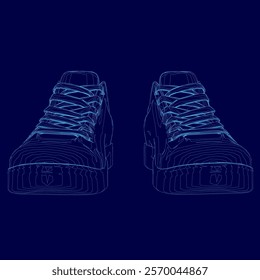 Pair of shoes are shown in a blue color. The shoes are shown in a 3D format, giving the impression of a digital rendering