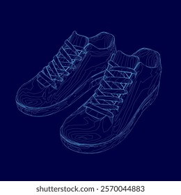 Pair of shoes are shown in a blue color. The shoes are shown in a 3D format