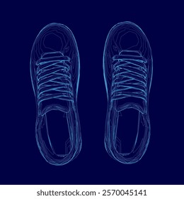 Pair of shoes are shown in a blue color. The shoes are drawn in a stylized way, giving them a 3D appearance. The shoes are positioned in a way that they appear to be standing on a surface