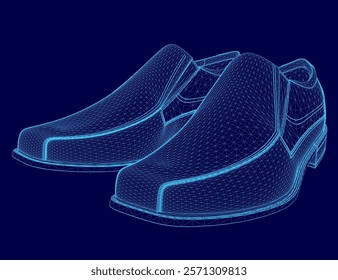 Pair of shoes are shown in a blue color. The shoes are designed to look like they are made of a 3D material. The shoes are shown in a close up view, and the image has a futuristic