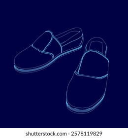 Pair of shoes are shown in a blue color. The shoes are designed to look like they are made of a material that is not visible. The shoes are shown in a close up view