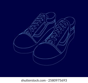 A pair of shoes are shown in a blue color. The shoes are designed in a way that they look like they are made of a single line. The shoes are shown in a close up view, and the image has a minimalist