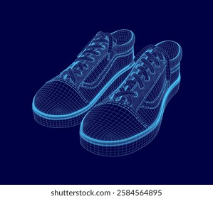 A pair of shoes are shown in a blue color scheme. The shoes are stylized and appear to be in a 3D format. The shoes are positioned in a way that they are almost overlapping each other