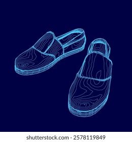 Pair of shoes are shown in blue. The shoes are drawn in a stylized way, with the sole of the shoe being the main focus