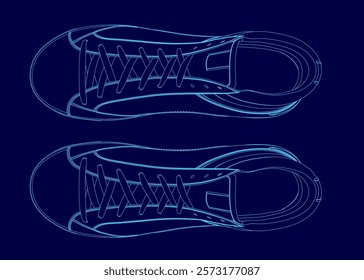 Pair of shoes are shown in blue outline. The shoes are shown in a stylized way, with the sole of the shoe being the main focus