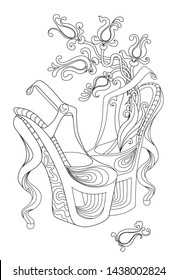 Pair of shoes witch flowers. Coloring books for adults. Standard picture for a t-shirt.
