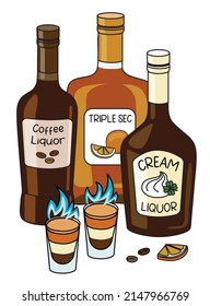 Un par de tiradores quemando cócteles B52 y ingredientes de licor de crema, licor de café y Triple Sec. Dibujo estilo hipster de dibujos animados Doodle. Para el menú del bar, pegatinas o la receta del libro de alcohol.