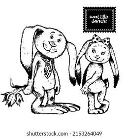 Pair of shy hares.Cartoon and illustration for a children's book. Coloring. Post card.