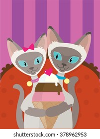 A pair of Siamese Cats are enjoying an ice cream cone together