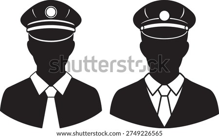 Pair silhouette captain driver men uniform formal attire peaked cap tie