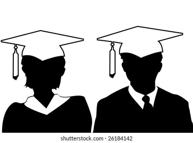 Pair of silhouette male and female graduates in cap and gown.