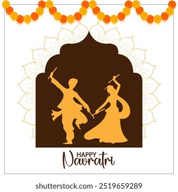 A pair of silhouettes of people, likely a man and a woman engaged in a dance The background features a traditional Indian archway and a decorative mandala pattern of marigolds a flower on the  top