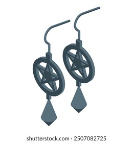 Pair of silver earrings featuring a pentagram design and a dangling drop, rendered in a modern isometric vector style