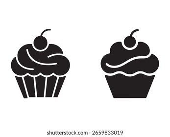 A pair of simple, black silhouette cupcake icons against a plain white background.