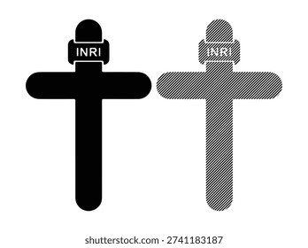 Pair of simple crosses with INRI text, one solid black and one with diagonal stripe pattern
