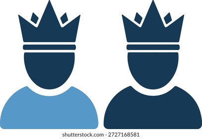 Un par de iconos simples que representan a los usuarios con coronas en la cabeza, uno en azul claro y el otro en azul oscuro, sobre un fondo blanco puro