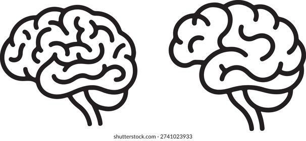 Pair of simple line illustrations depicting the human brain from two angles, representing thought, intellect, and neurology.