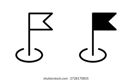 A pair of simple and modern flag pin icons, presented in both outlined and solid filled styles. These versatile vector graphics are commonly used to denote a specific location on a map, mark a destination, indicate a goal, or represent a point of interest. The design is clean and easily recognizable, suitable for various digital and print applications related to navigation, achievement, or place-finding.