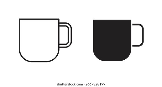 Pair of simple mug icons: one line art, one solid black. Isolated on white.