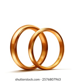 A pair of simple, shiny, polished gold wedding rings placed side by side symbolize unity and love. With soft shadow, on white background.